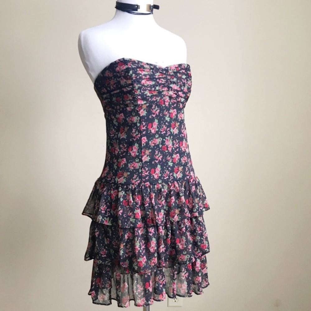 Express strapless flower dress with ruffle bottom